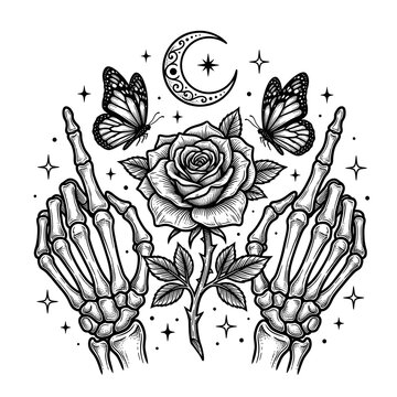 Gothic Skeleton Hands Rose Bouquet Butterfly Lineart Illustration Isolated White, T-Shirt Design Vector