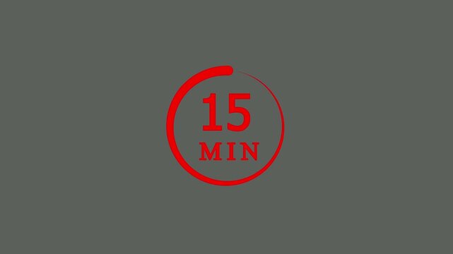 Symbolic measurement of time interval from 0 minutes to 15 minutes graphic animation. Alpha channel. Transparent background motion design. 4K resolution