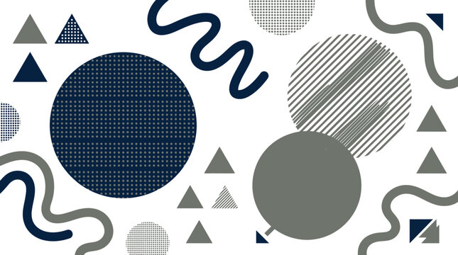 Abstract memphis style pattern with dark blue circles and grey shapes on white background.