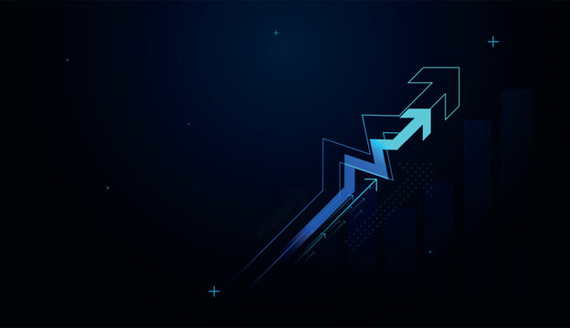 Dynamic light blue and deep blue arrows shoot upward across the frame, illustrating clear financial growth. A modern corporate graphic featuring an increasing