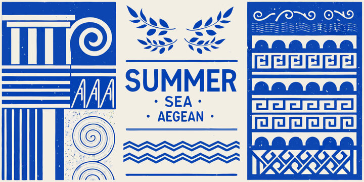 Greek key pattern and architectural elements blue and white vector illustration