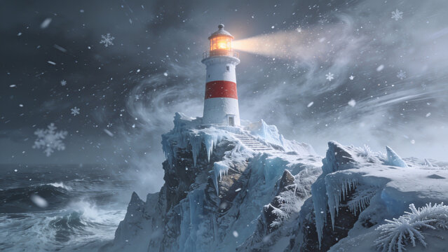 Dramatic lighthouse storm survival on rocky coast. Beacon shining through fierce ocean waves and blizzard conditions.
