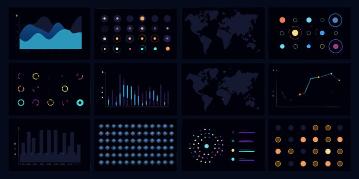 analytics dashboard with colorful charts on dark background graphs world map data visualization bar chart pie line graph scatter plot