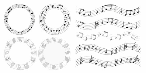musical notes on staffs in black and white vector illustration music notation clef quaver semiquaver minim crotchet rest graphic art © Ramanath