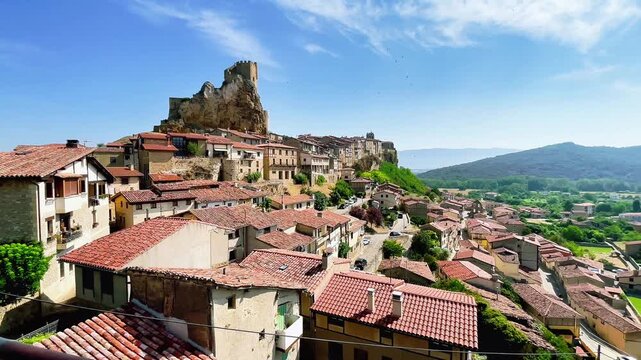 Panoramic view of Frias medieval village with castle ruins on the rock in Burgos Spain
