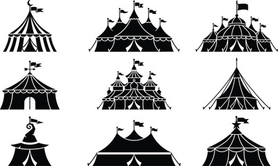 Circus tent silhouettes collection, carnival festival icons, big top shapes, vintage fairground figures, entertainment design shadows illustration art © Artist RH