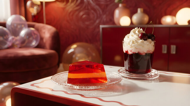 Still life of red frutiger aero inspired living room featuring fresh sweet apple and orange flavored jelly next to a cherry milkshake drink. Suitable for interior design inspiration or dessert ideas