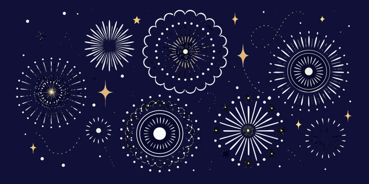 fireworks illustration on dark navy background explosion sparkle celebration festival event night sky burst starburst pattern design graphic art vector