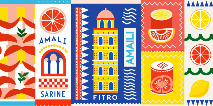 vibrant italian coastal travel posters featuring colorful illustrations coast amali sarine fitro citrus fruits architecture vector art pattern design industry