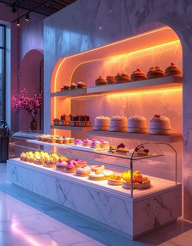 Dessert display in modern bakery store.