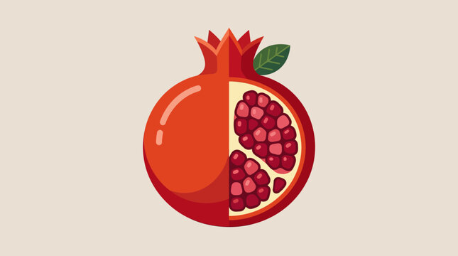 Whole and halved pomegranate illustration with arils and leaf