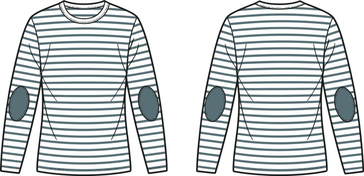 Striped long sleeve shirt with elbow patches fashion flat sketch