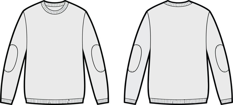 Technical fashion illustration of a women's elbow patch crewneck sweater