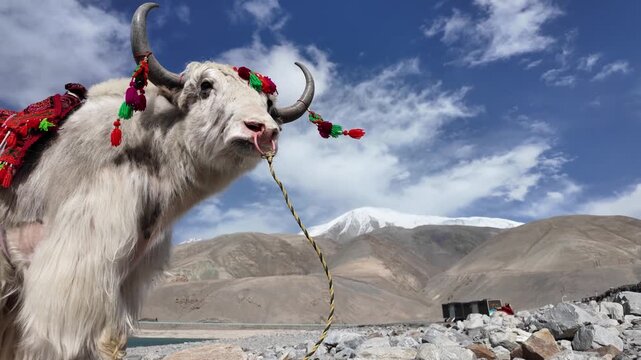White domestic yak on pebble shore of Baisha Lake with fur blowing in wind Bulunkou Xinjiang China