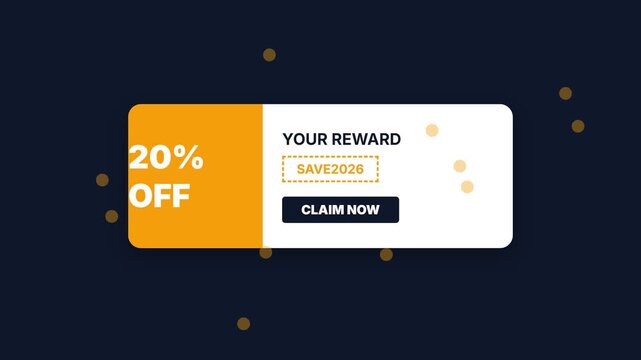 Discount coupon, yellow and white coupon with black button, dark blue background with gold dots, seamless loop animation, symbolizing savings and discounts for advertising and marketing