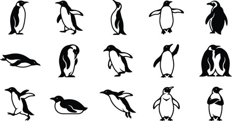 Collection of penguin silhouette icons showing walking, swimming, sliding, and playful poses, perfect for wildlife, nature, and educational design  © Artist RH