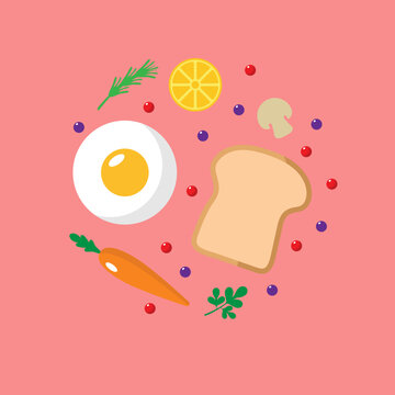 Colorful flat vector illustration of breakfast ingredients including fried egg, bread slice, carrot, mushrooms, herbs, citrus, and seasoning in a clean circular layout. Ideal for breakfast menus, cafe