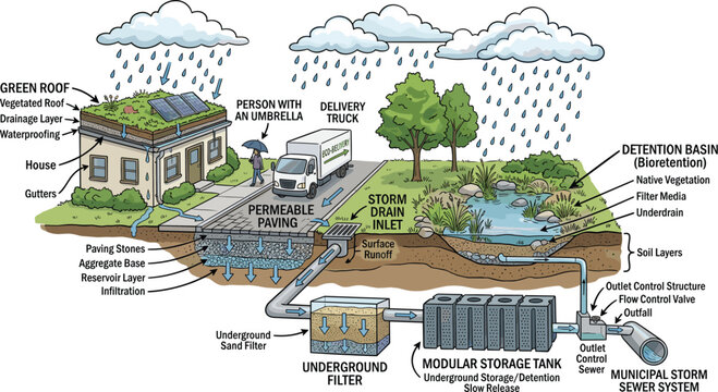 Sustainable Stormwater Management System Infographic Chart featuring Green Roof Permeable Paving Underground Storage Tank and Detention Basin Graphics