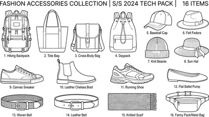 Fototapeta premium Collection of fashion accessories line art icons for seasonal tech pack including bags hats shoes belts and scarves