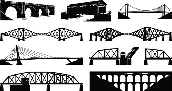 Bridge Silhouette Collection Featuring Arch Suspension Truss Cable Stayed Covered and Movable Bridges Vector Illustration Set