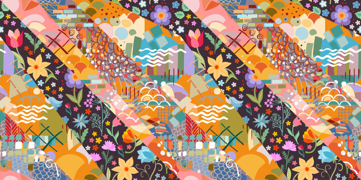 Bright colorful patchwork pattern from floral and abstract ornaments. Multicolor print for fabric and textile. Quilt design.	
