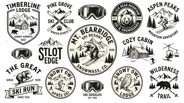 Vintage Ski Resort and Mountain Adventure Logo Badge Collection with Retro Winter Sports Emblems, Snowy Cabin Icons, and Wildlife Graphic Vectors