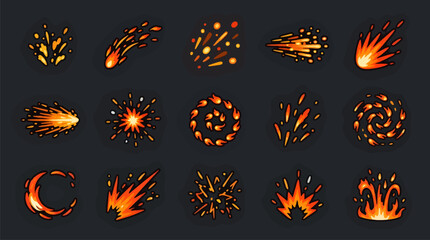 Vector Illustration Set of Fiery Sparks and Embers, Cartoon Style Explosions and Fire Effects on Dark Background, Graphic Resource Elements © titin