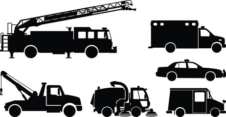 Collection of emergency and utility vehicle silhouettes including fire truck police car ambulance tow truck and street sweeper © Muntaseer