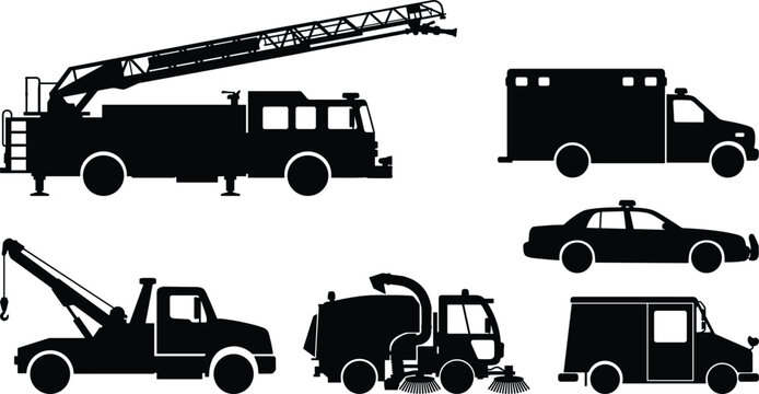 Collection of emergency and utility vehicle silhouettes including fire truck police car ambulance tow truck and street sweeper