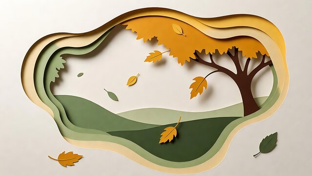 Autumn Leaves Falling Past Layered Paper Landscape in Park