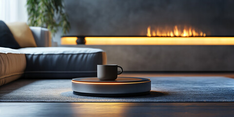 Fototapeta premium Modern minimalist living room interior, cozy lounge with linear fireplace and coffee cup, luxury home decor with warm ambient lighting