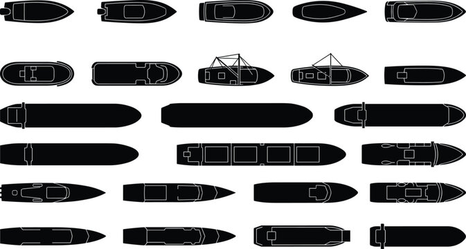 Collection of top-down silhouettes of various boats, ships, yachts, and marine vessels for nautical design projects