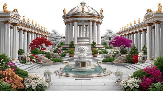 Majestic ancient palace with ornate statues and foliage high resolution image