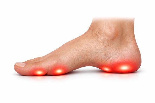 Human foot displaying glowing pressure points on toes and arch, emphasizing health and wellness in a clinical or therapeutic setting