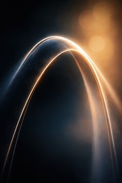 Close-up view of a curved metallic surface that reflects light, showcasing a gradient of warm colors against a dark backdrop