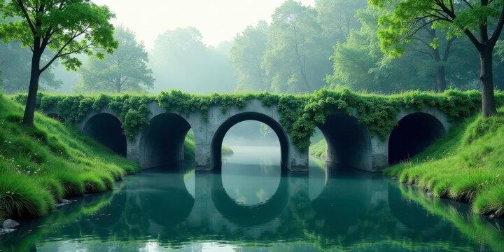 Serene Stone Arch Bridge Over Tranquil Water, Lush Greenery, Misty Morning