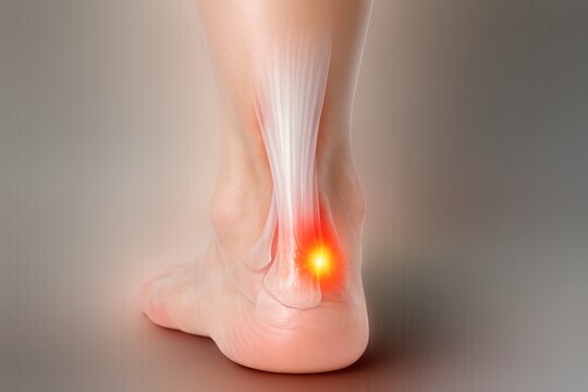 Anatomical illustration of human foot and ankle showing bones, muscles, and highlighted area indicating pain or injury in the ankle region against a gradient background