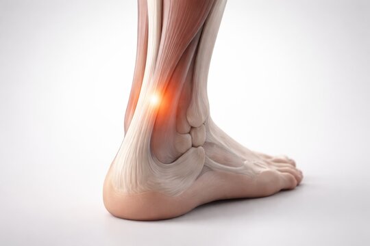 Anatomical illustration of human foot and ankle showing bones, muscles, and highlighted area indicating pain or injury in the ankle region against a gradient background