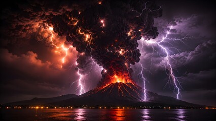 Fototapeta premium Explosive Volcanic Eruption with Lightning Over Coastal Landscape at Night