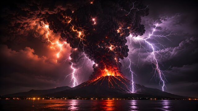 Explosive Volcanic Eruption with Lightning Over Coastal Landscape at Night