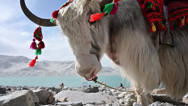 White domestic yak on pebble shore of Baisha Lake with fur blowing in wind Bulunkou Xinjiang China