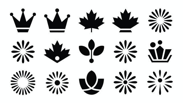 Modern minimalist black crowns crowned heads floral emblems leaf silhouette icons set with high contrast black silhouettes featuring crowns organized grid versatile graphic use