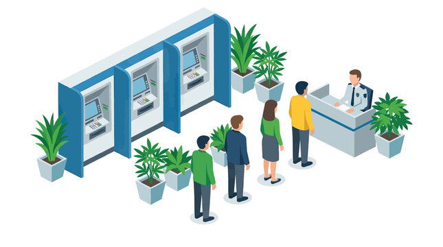 Isometric vector illustration of people queuing at a bank counter