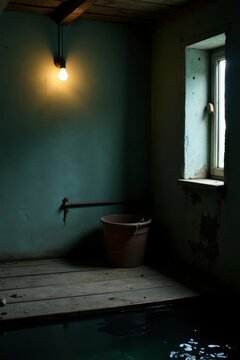A dimly lit interior scene featuring a single bare bulb hanging from the ceiling, an aged wooden floor, a weathered bucket, and a high window in a room with teal walls.