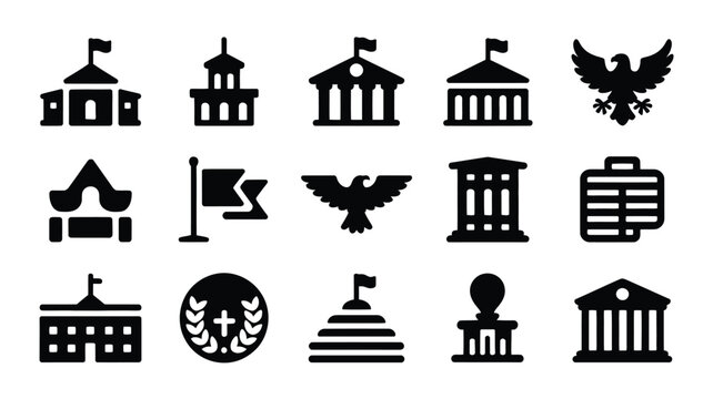 Black silhouette icons set with institutional symbols against clean white background representing government buildings national emblems institutional