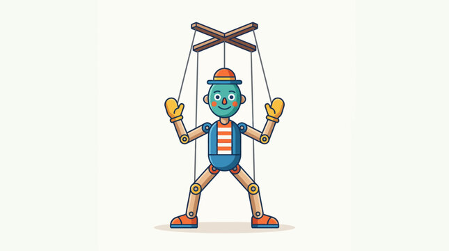 Puppet character controlled by strings and wooden crossbar against white background