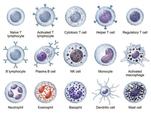 Diagram showcasing different human immune cells with labels, emphasizing immune function diversity.