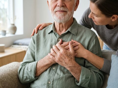 Gentle comforting hands on an elderly man's shoulders, showing affection and support.