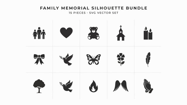 Elegant black and white memorial family silhouette vector icon collection set with showcases refined collection fifteen black silhouette icons