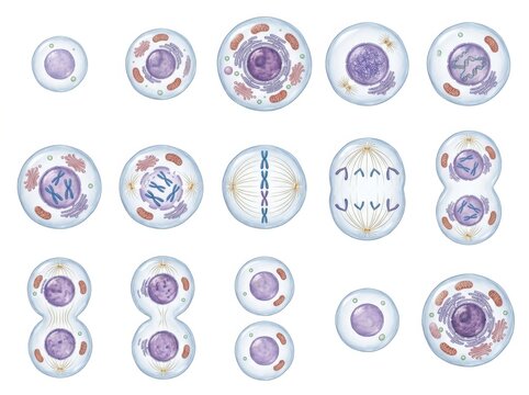 Detailed illustration showcasing the stages of mitosis in animal cells, highlighting various phases with scientific precision.